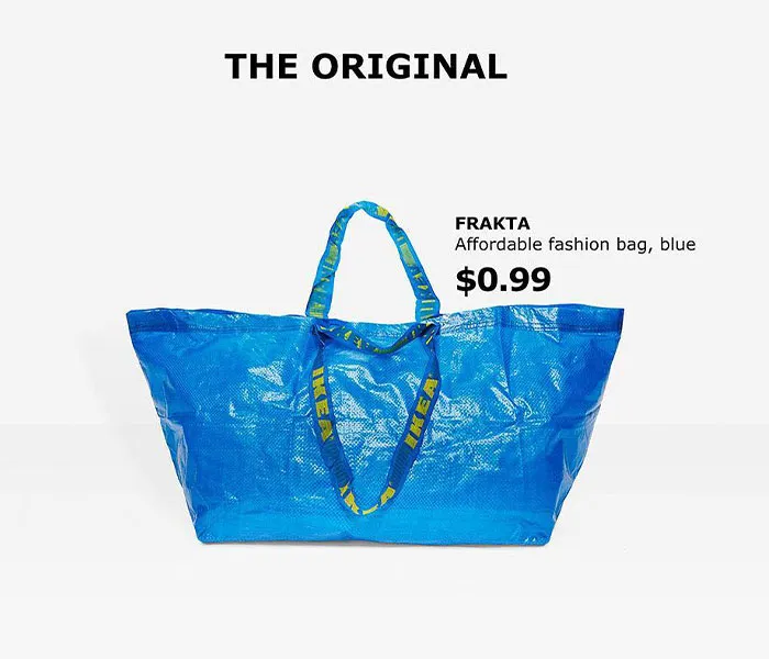 Естественно, это вызвало появление лучших интернет-мемов, а также комичную реакцию со стороны Ikea.  Заручившись помощью Acne, шведского креативного агентства со штаб-квартирой в Стокгольме, мебельный гигант выпустил забавную рекламу, которая помогает людям отличить оригинальную Frakta от Ikea от дорогого самозванца Balenciaga. 