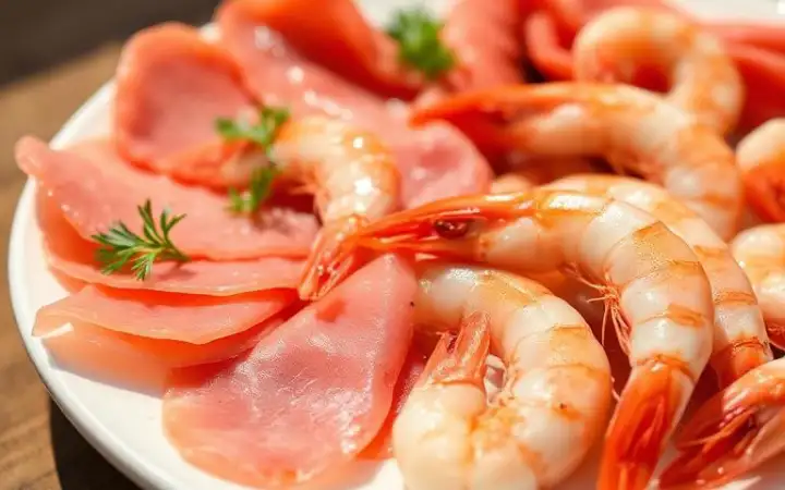 Мясные деликатесы и морепродукты.