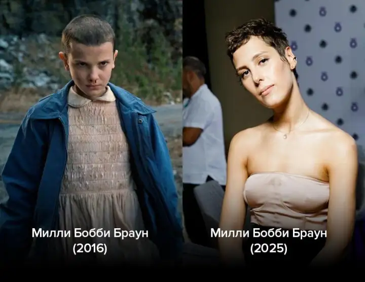 Милли Бобби Браун в 2016 и 2025.