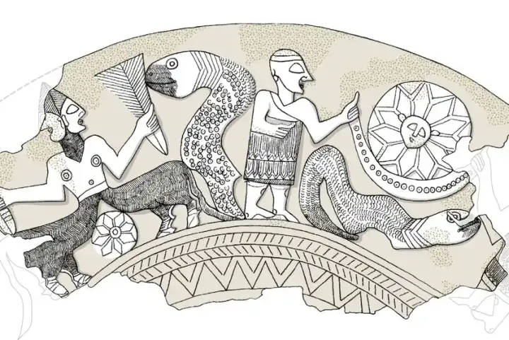 Гравировка на кубке изображает божеств, змею и солнце.