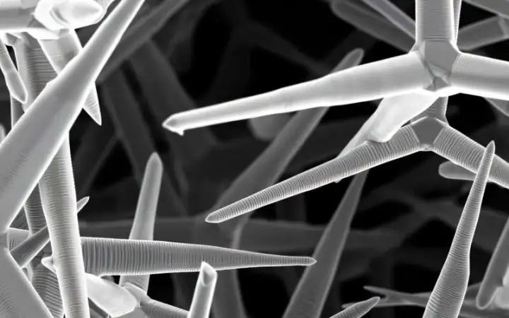 1 / 1Изображение тетраподального оксида цинка, полученное с помощью электронного микроскопа. Четырехлучевые кристаллы образуют исходный каркас для аэрогидрогелей, который впоследствии трансформируется в сверхлегкую гидрогелевую сетку.