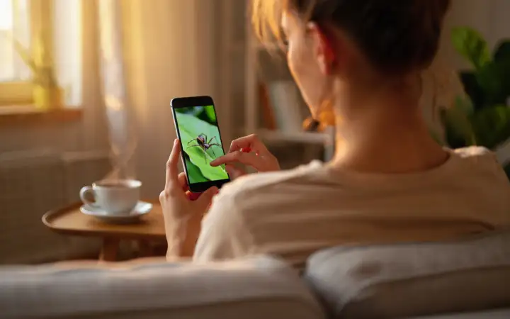 Девушка смотрит на фото паука.