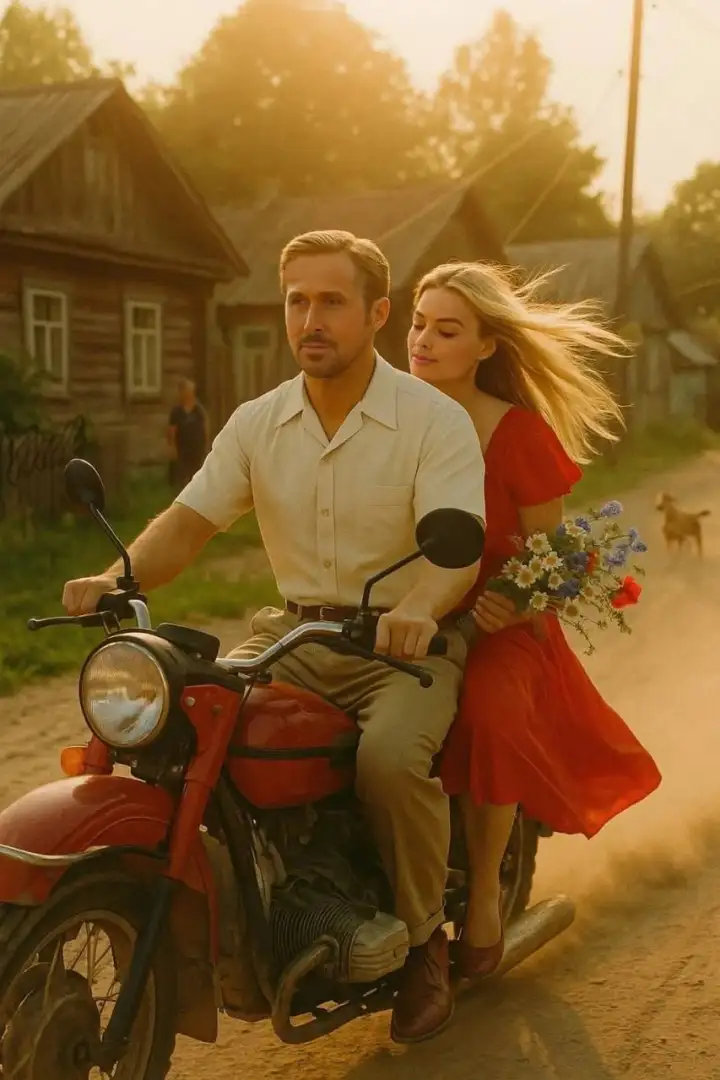 Романтические покатушки по селу на мотоцикле с Райаном Гослингом и Марго Робби.