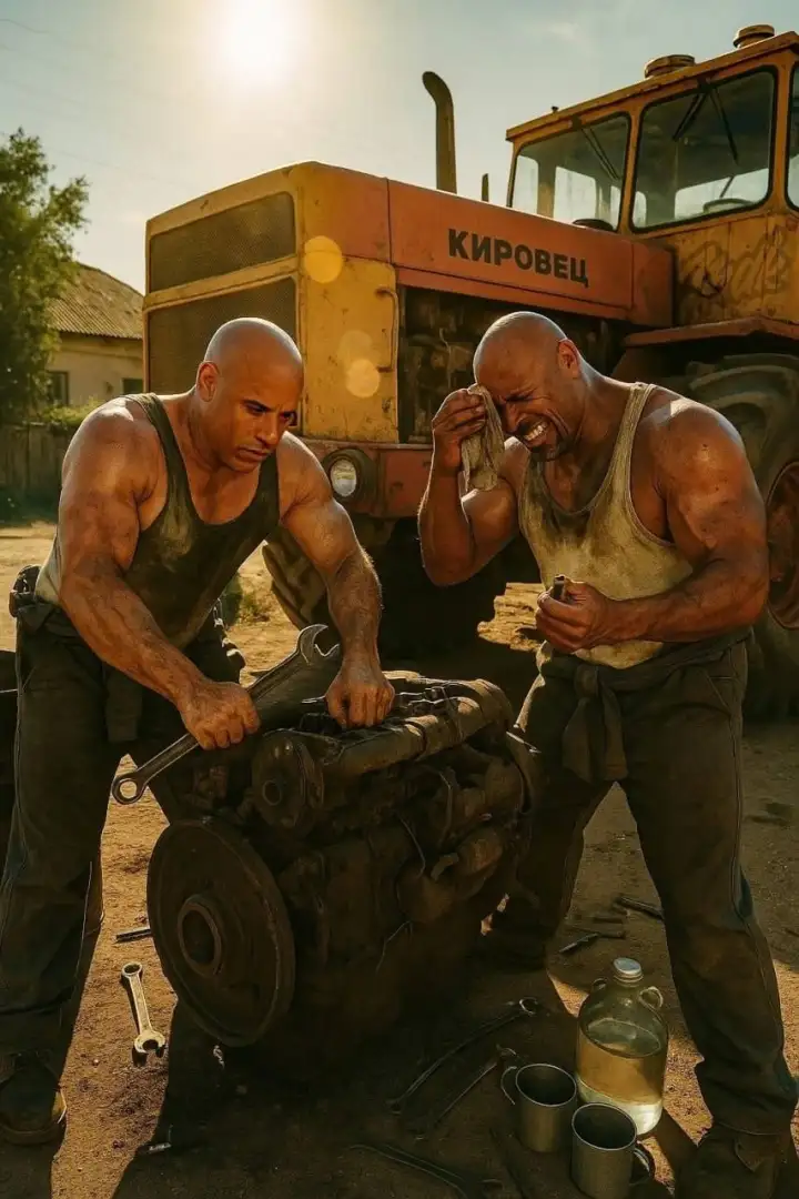 Ремонт трактора с Вин Дизелем и Дуэйном Джонсоном.