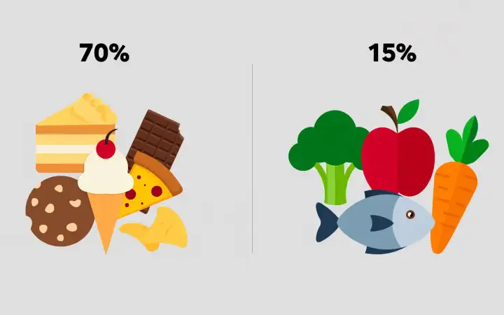 Около 70% продуктов, которые люди употребляют во время эпизодов переедания, относятся к ультрапереработанным. На минимально обработанные продукты приходится лишь около 15%.