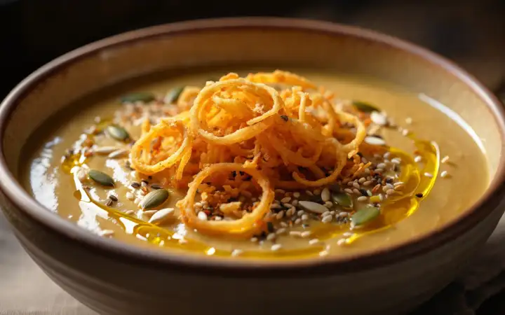 Суп с семечками и жареным луком.