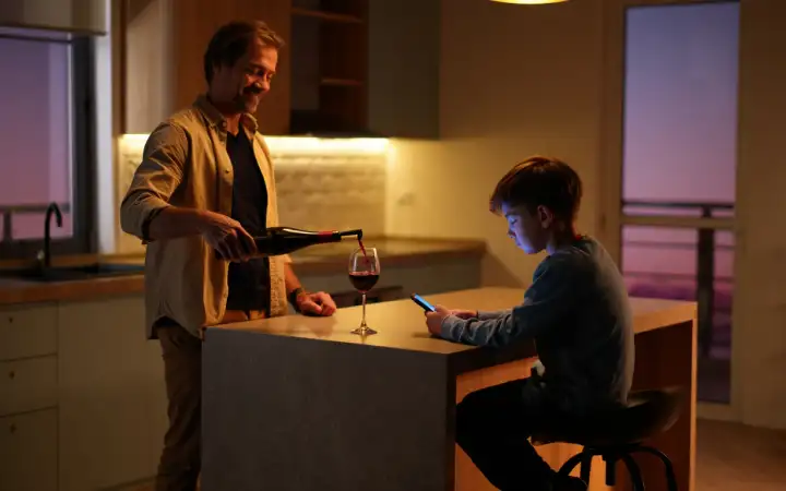 Отец и сын на кухне.