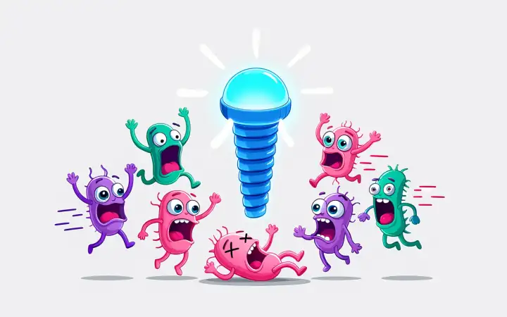 При облучении в течение 15 минут поверхность уничтожает 99,94% биопленок золотистого стафилококка без использования антибиотиков и одновременно способствует сращению костной ткани с имплантатом.