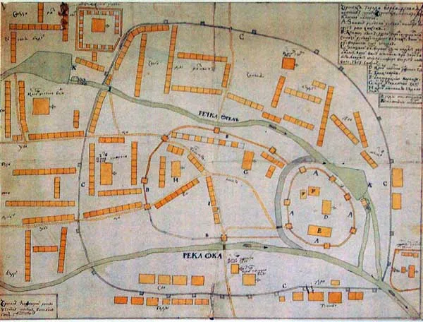 Чертёж Орла за авторством Петра Ботвиньева 1727 года. Литерой Е обозначена «воеводская изба». 