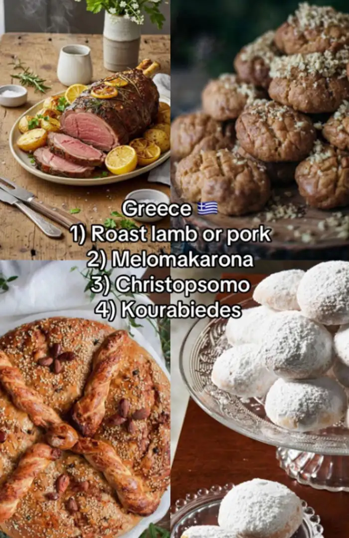 Греция — запеченная баранина или свинина, меломакаронья (медовое печенье с орехами), рождественский хлеб (обрядовый хлеб с символическим узором), курабьедес (миндальное печенье в сахарной пудре).