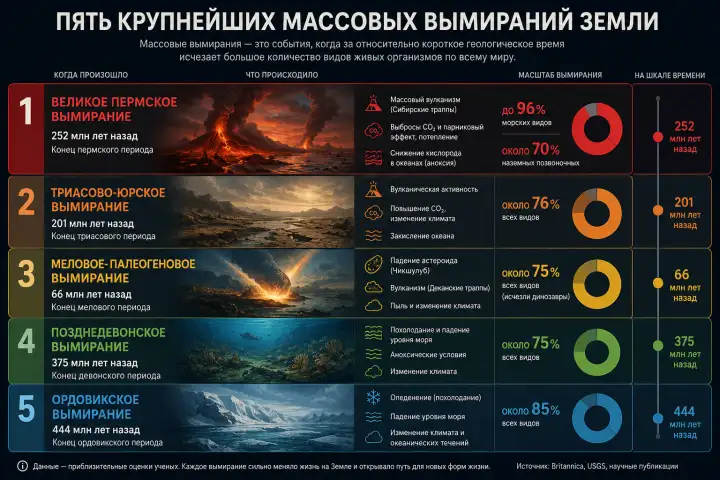 Пять крупнейших массовых вымираний Земли. Инфорграфика