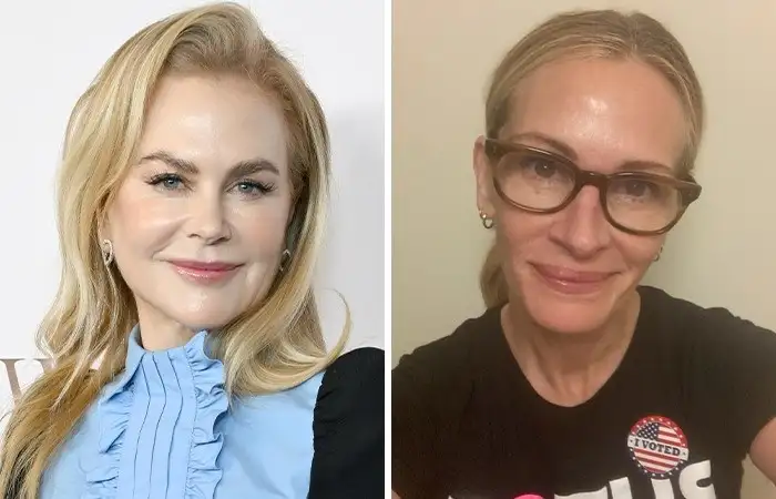 Николь Кидман с очевидной пластикой, но категорически ее отрицающая, и Джулия Робертс, которая всегда предпочитала натуральную красоту. Обе 1967 года.