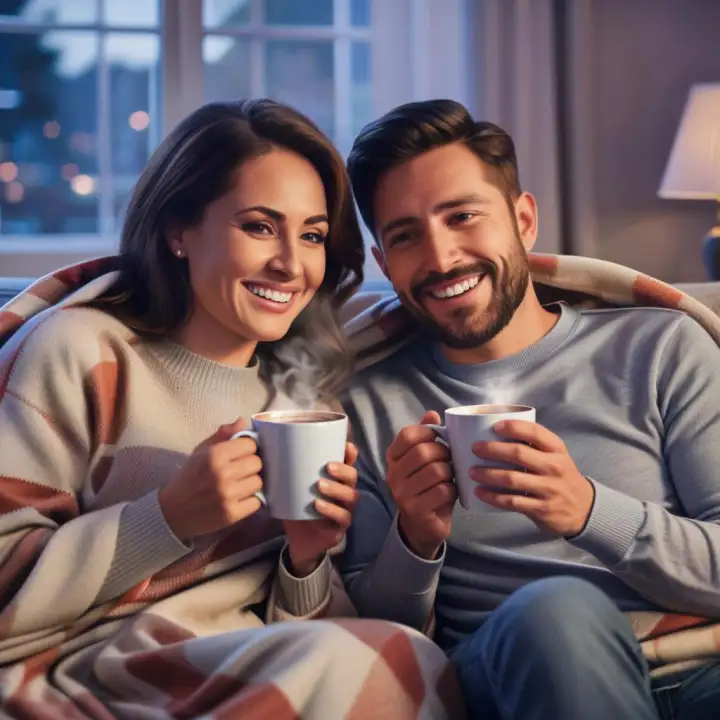 Пара согревается какао под пледом.