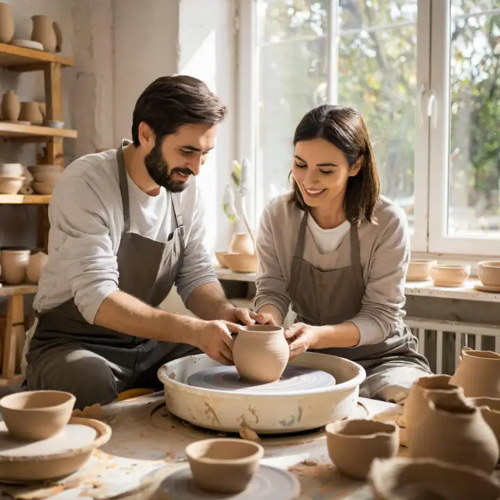 Влюбленные лепят глиняные горшки.